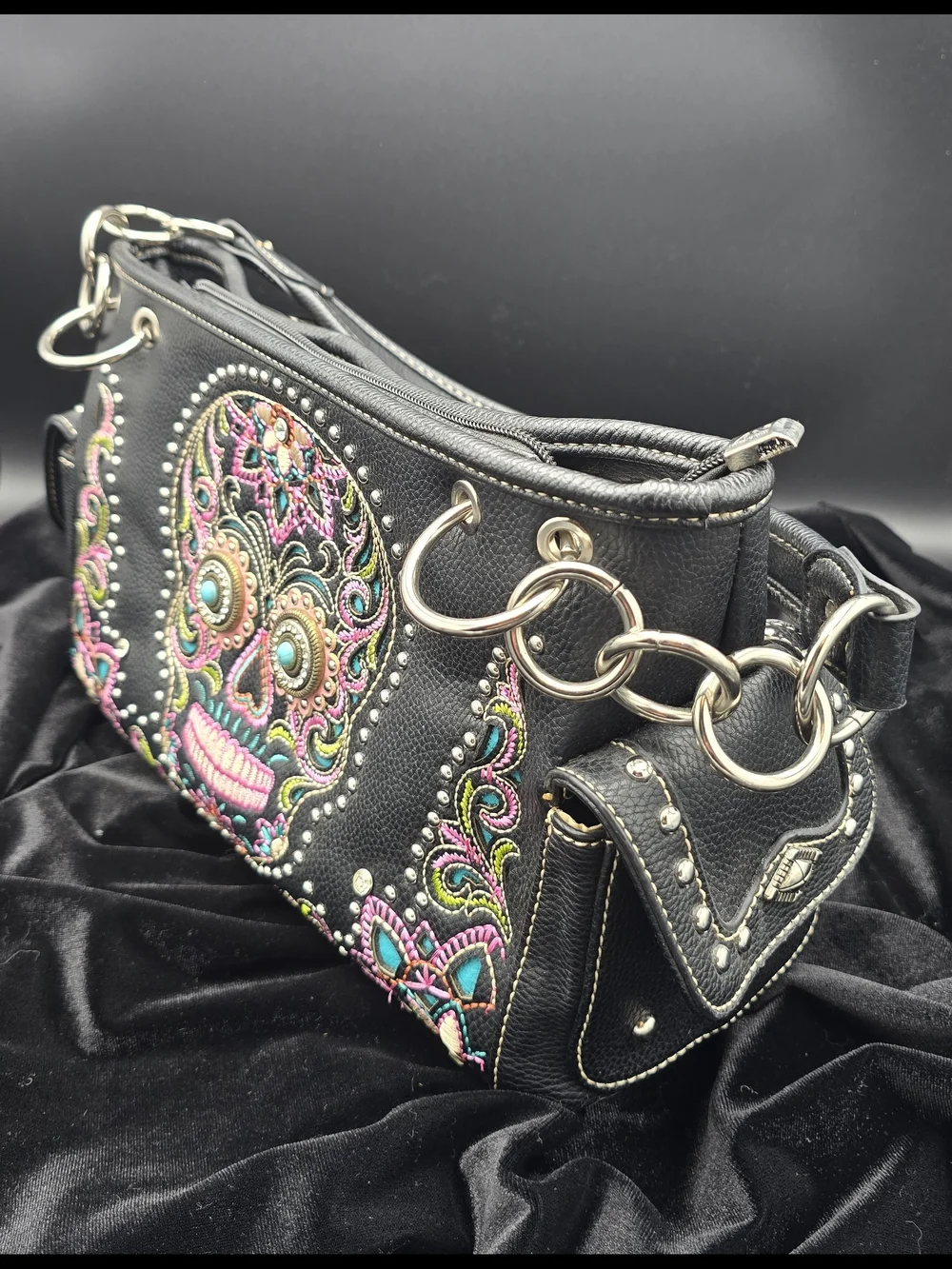 Montana West Black Embroidered Sugar Skull Shoulder Bag (Conceal Carry Bag)